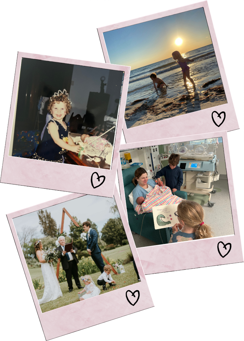 Collection of four polaroid photos showing children and families in various moments: a girl with curly hair closed-eyed smiling inside, two children playing in the ocean at sunset, a woman in a hospital bed holding a newborn with a boy beside her, and a couple getting married outdoors with children around.
