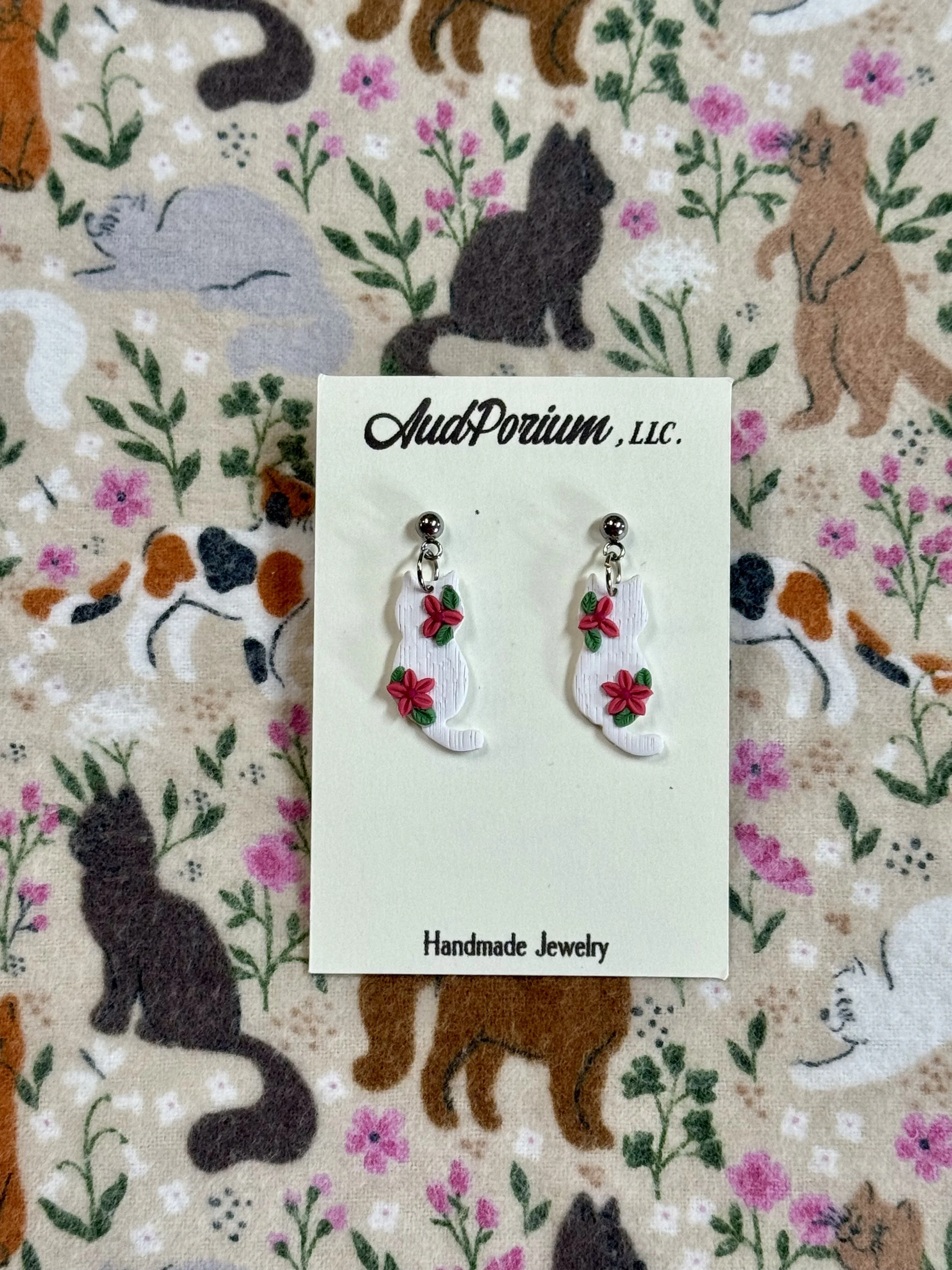 Pink Floral White Cat Dangles