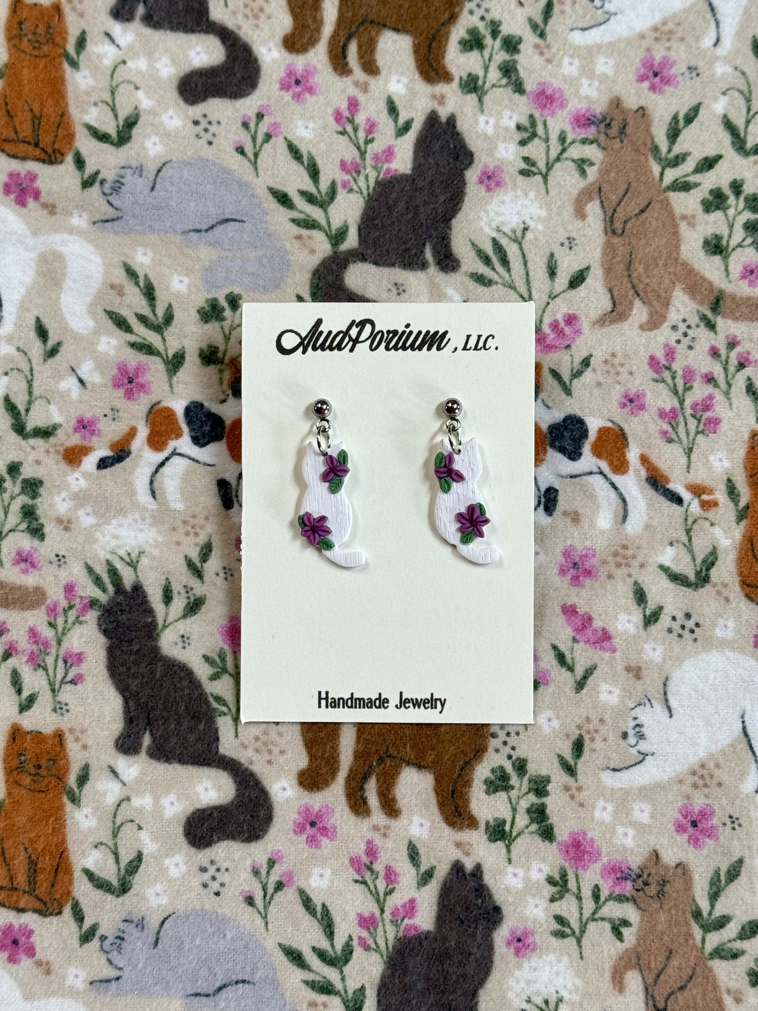 Purple Floral White Cat Dangles