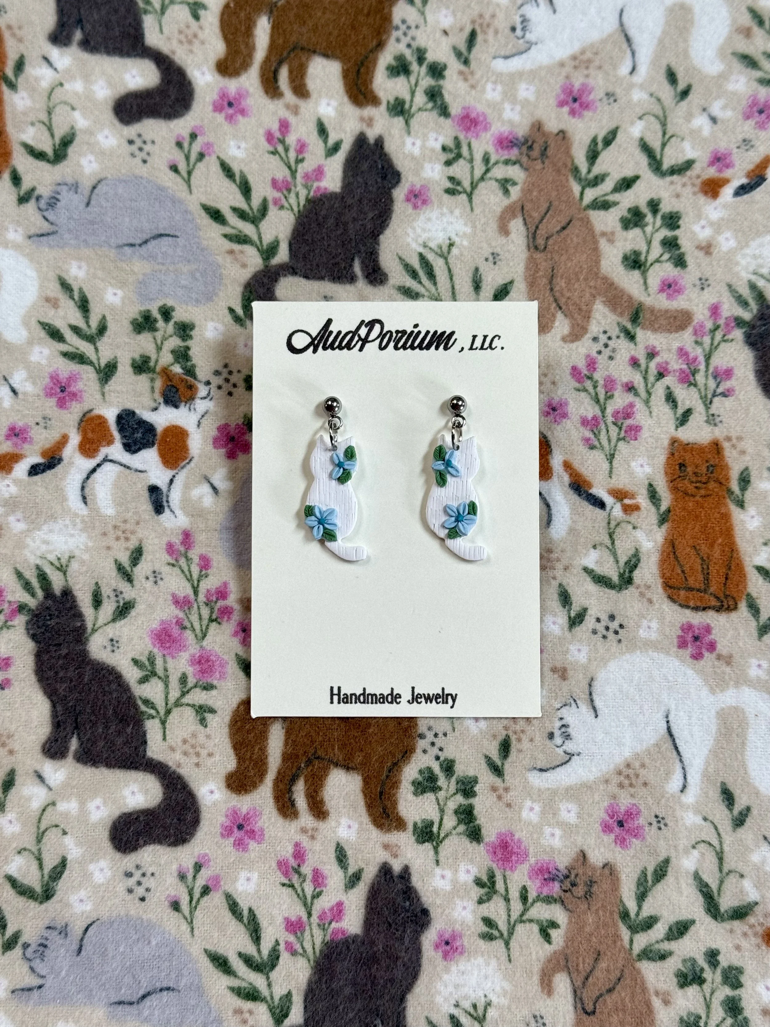 Blue Floral White Cat Dangles