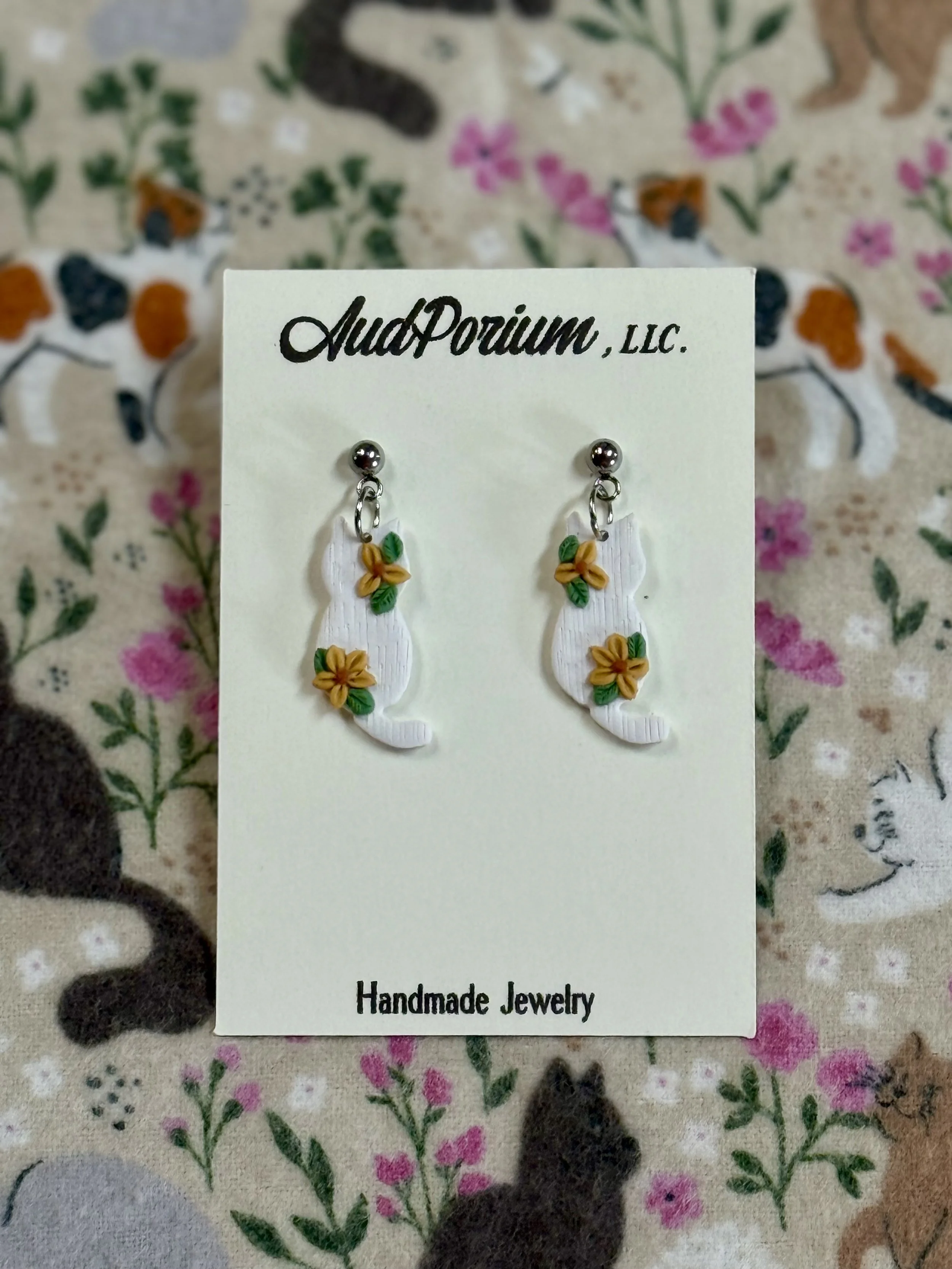 Yellow Floral White Cat Dangles