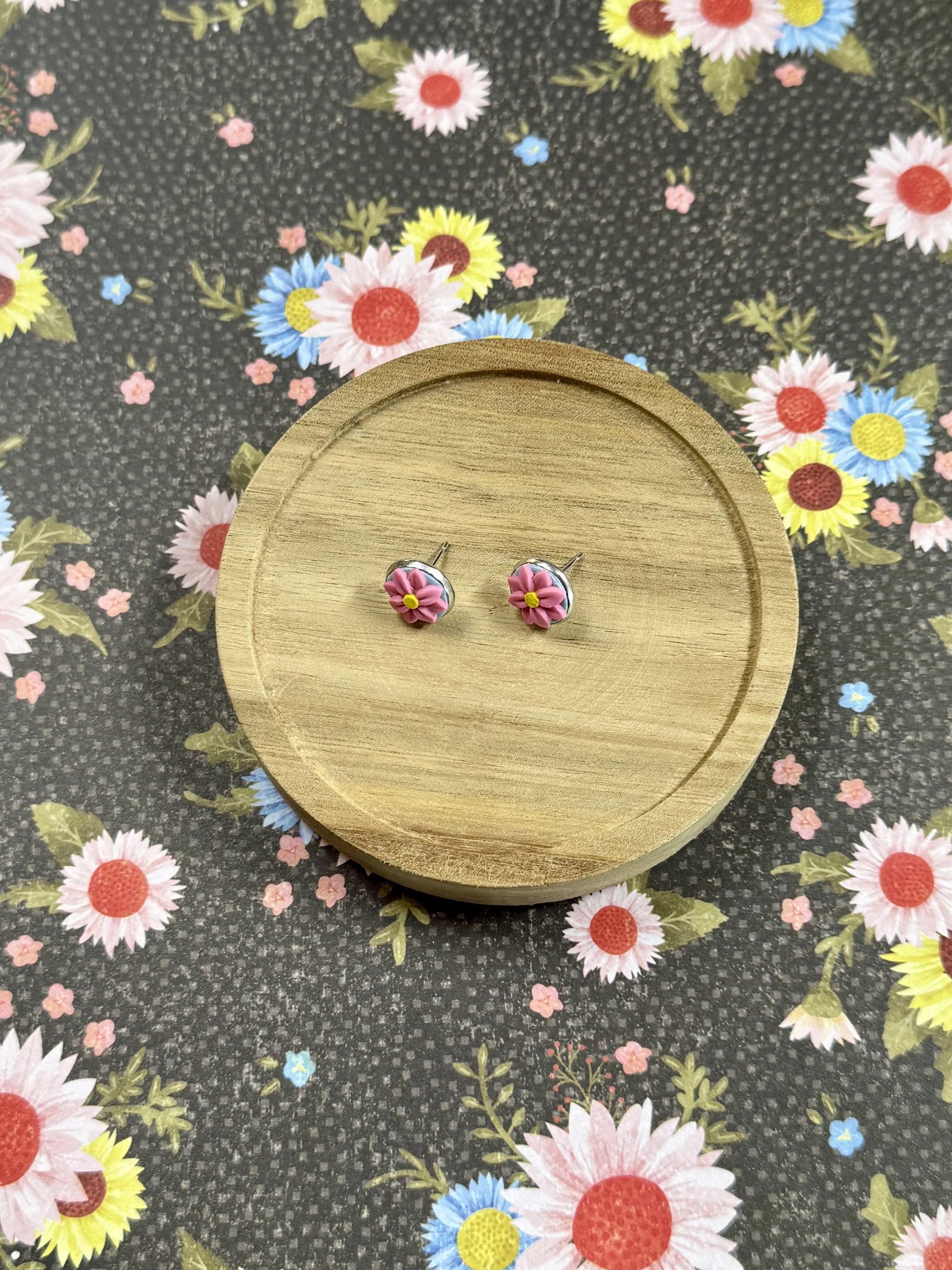 Pink Flower Bezel Studs