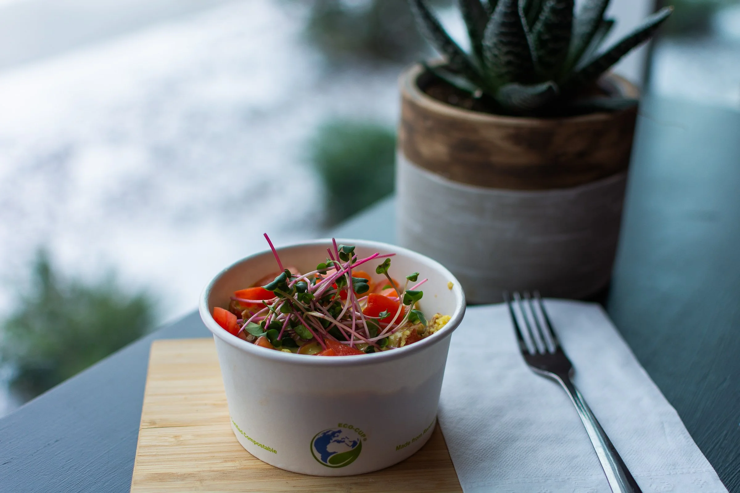 A cup of fresh vegetable salad with microgreens on top sits on a wooden board at a table, with a potted plant and a blue mug in the background.