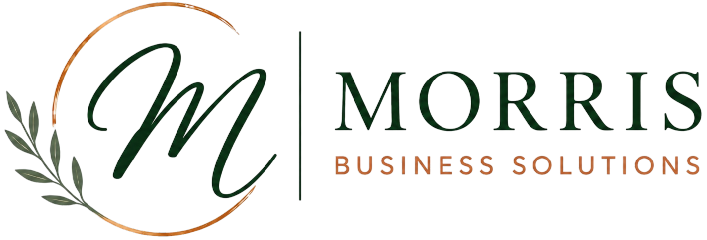 Logo for Morris Business Solutions featuring a stylized monogram 'M' inside a copper-colored circle with olive branches, with 'Morris Business Solutions' written to the right.