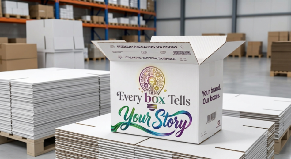 Printed corrugated box example reading "every box tells your story" from Alternative Packaging