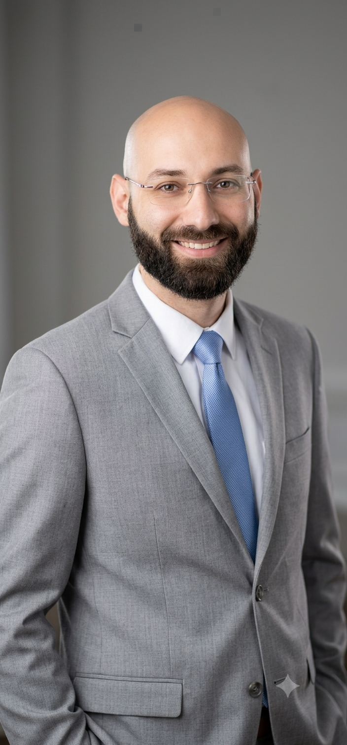 A professional headshot of a smiling man with glasses and a beard, wearing a light gray suit, white shirt, and light blue tie, standing against a neutral background.