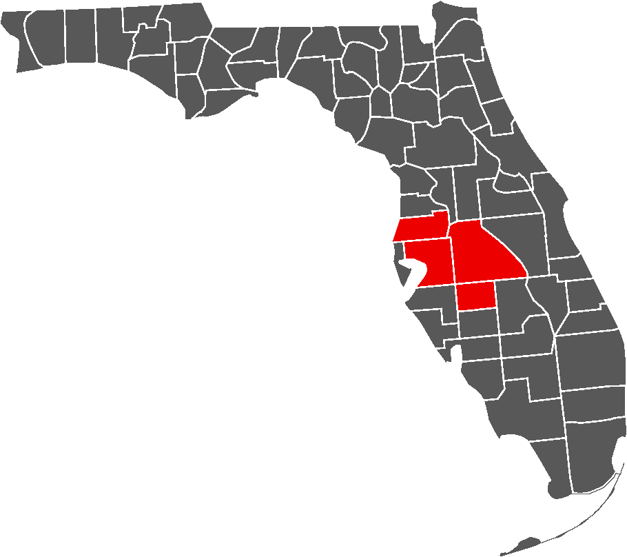 Map of Florida counties with certain counties in the central region highlighted in red.