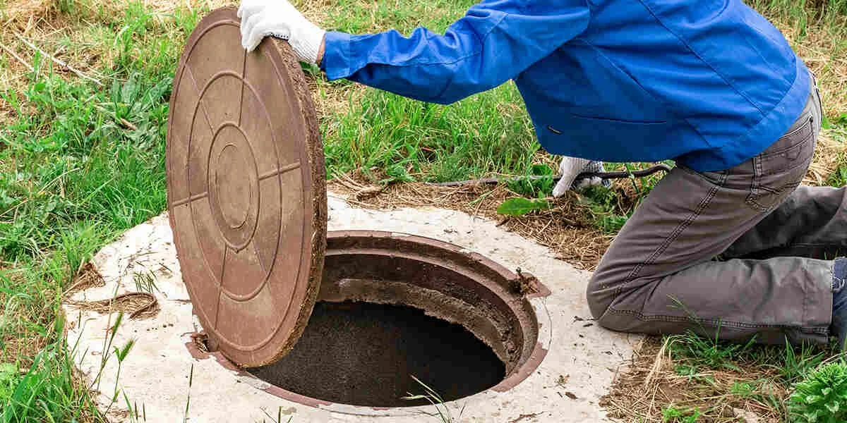 Person kneeling by an open sewer hatch in the ground, lifting the hatch cover.