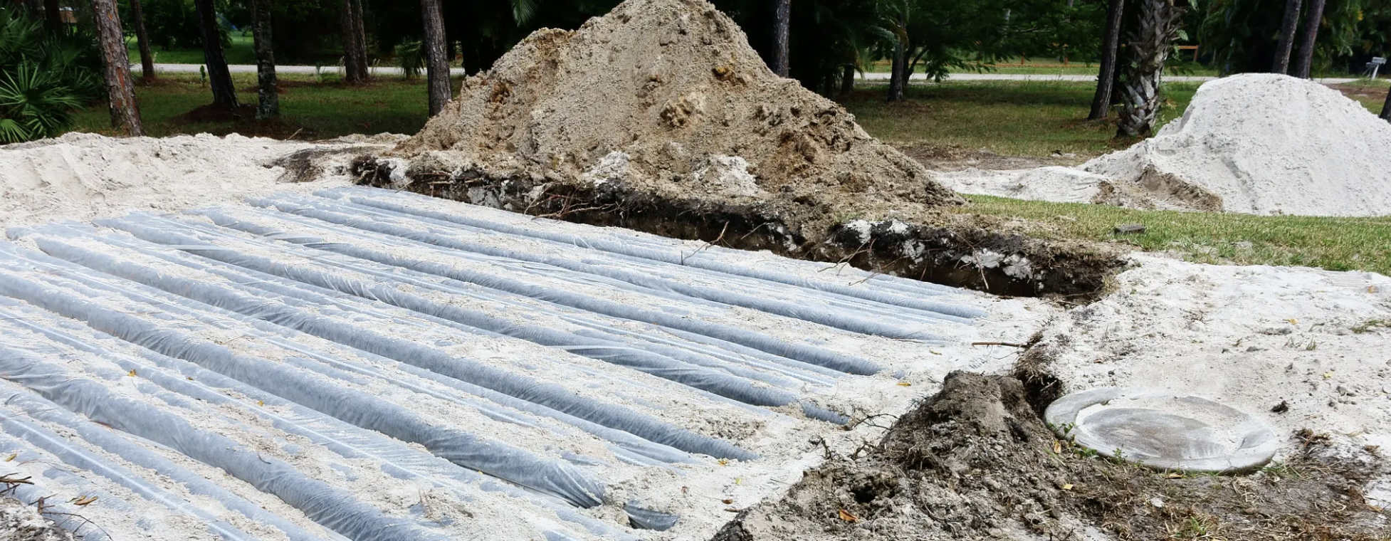 Underground pipes laid in a trench with piles of soil and sand on the ground, trees in the background.