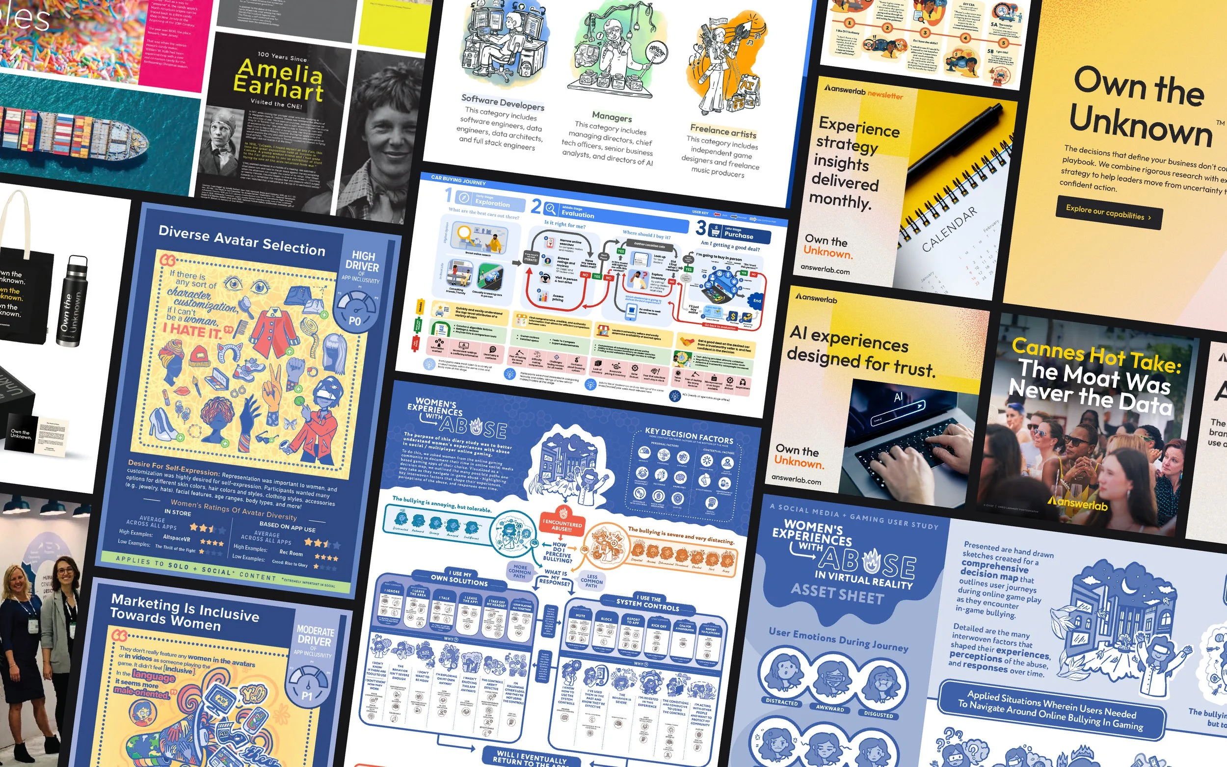 A collage of various colorful infographics, charts, and illustrations related to topics like AI, digital culture, workplace, and social issues.