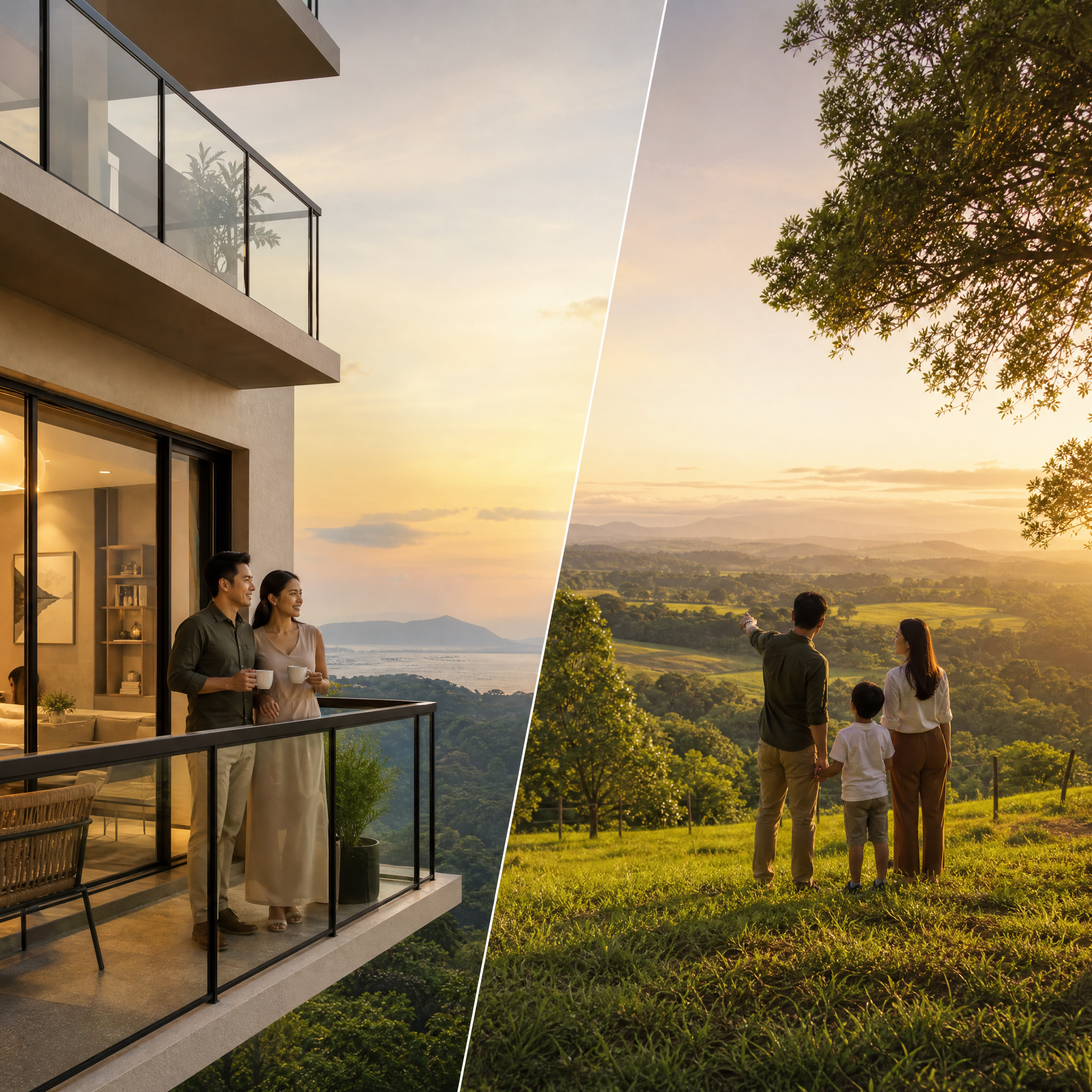 Comparison of a modern apartment balcony with large glass windows at sunset, and a family walking outdoors on a grassy hill with trees and a sunset sky.