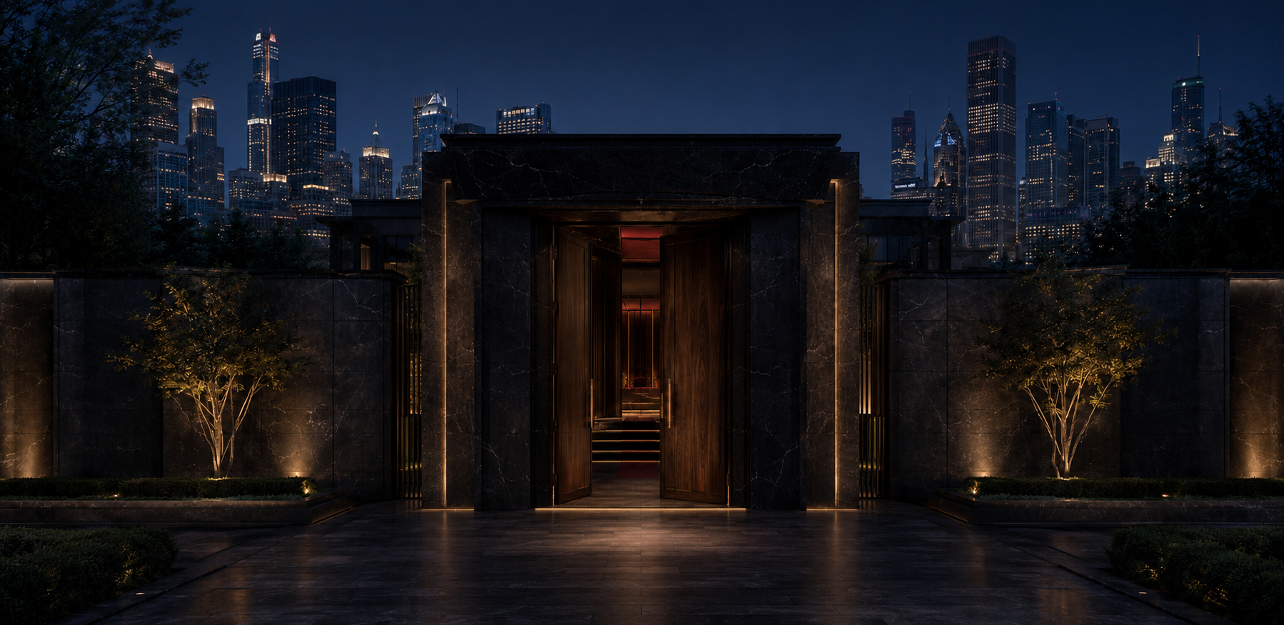 Private Ravencroft estate entrance at night against the Chicago skyline.