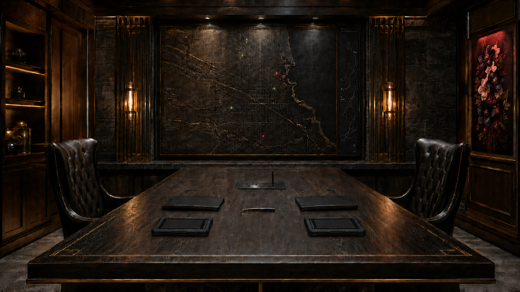Dark wood Ravencroft war room with a long conference table, leather chair, tablets, and wall display.