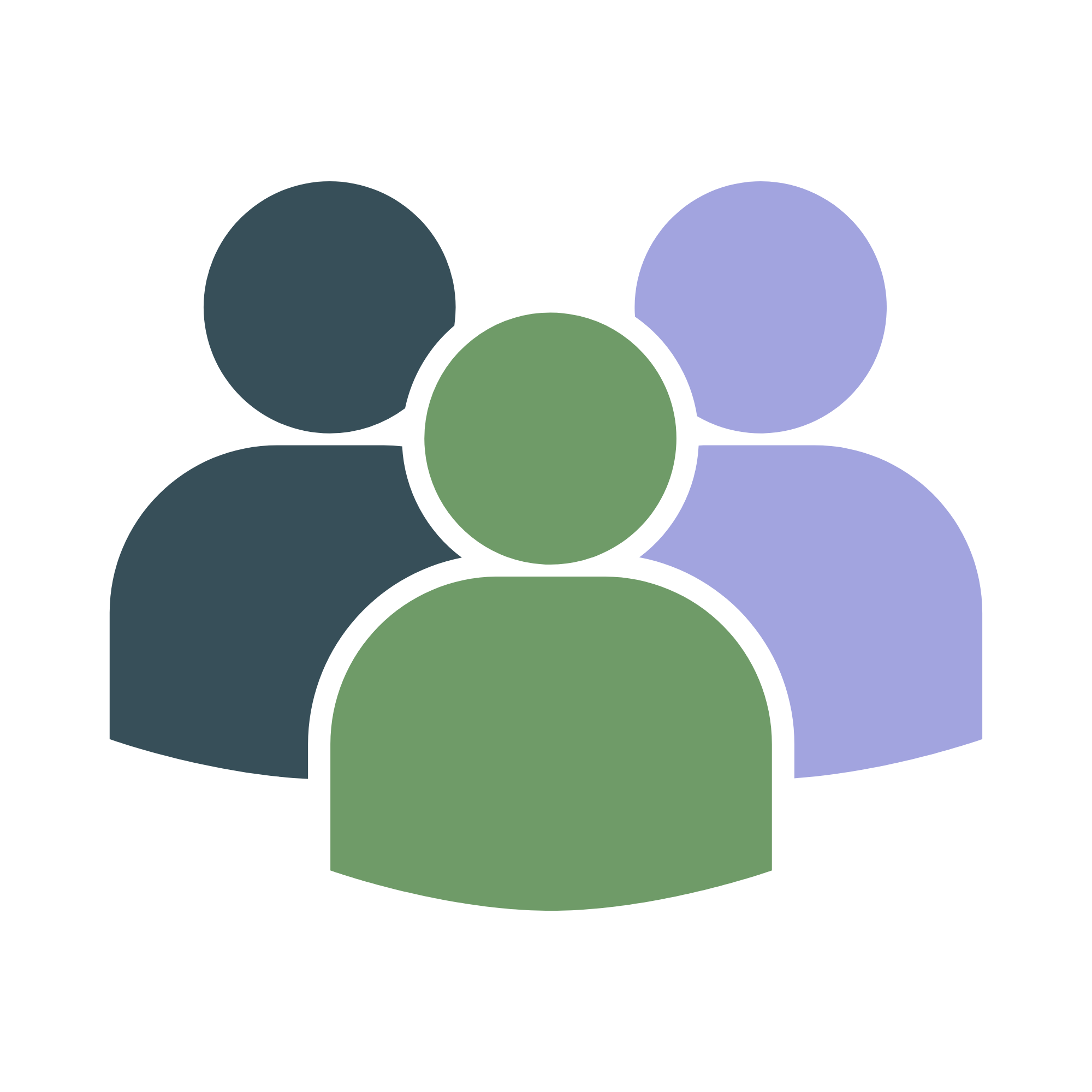 Graphic of outlines of three people in navy, green, and purple.