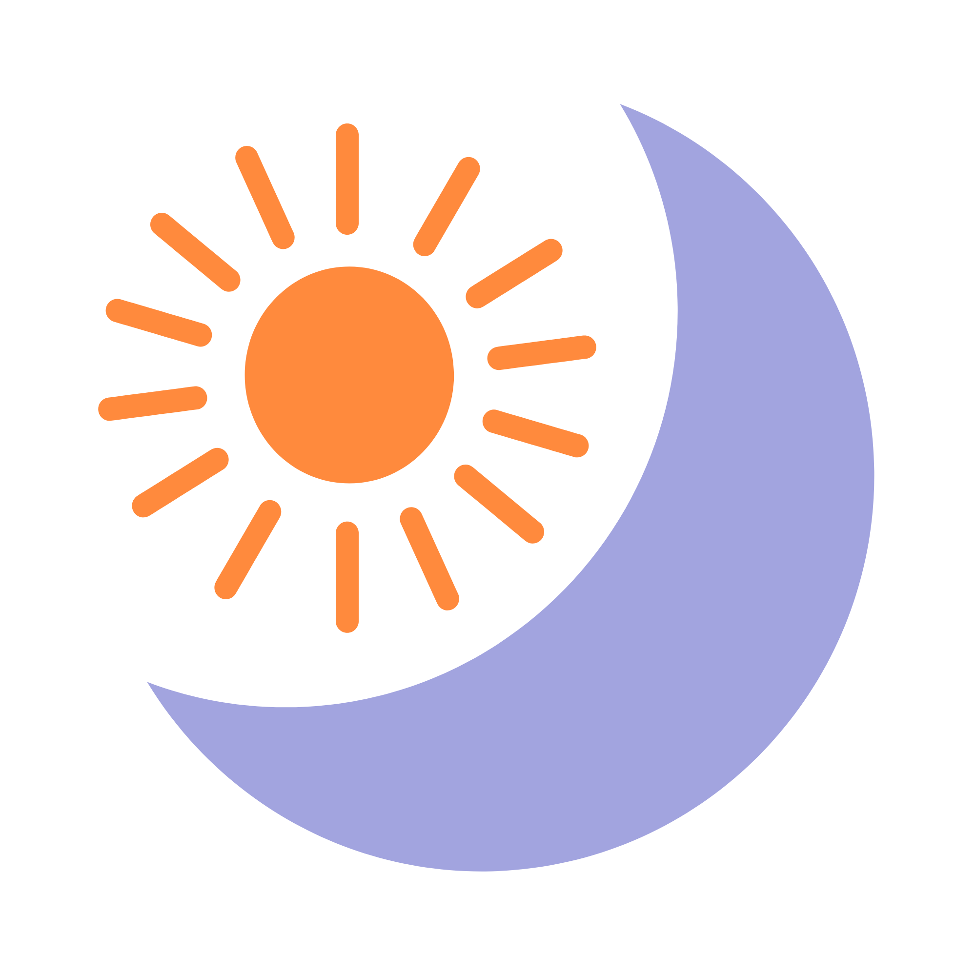 Graphic of a purple moon and orange sun.