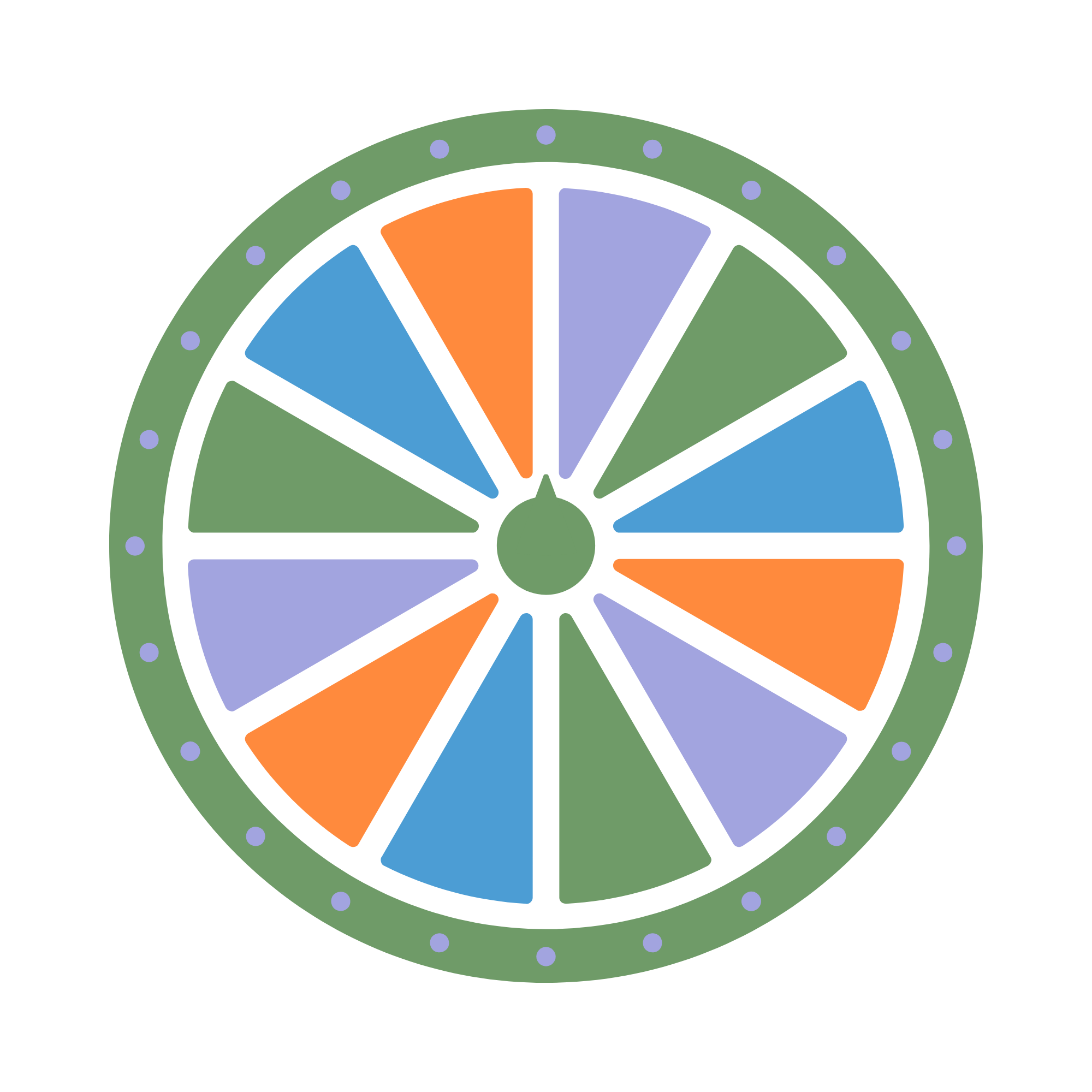 Purple, green, orange, and blue outline of a wheel
