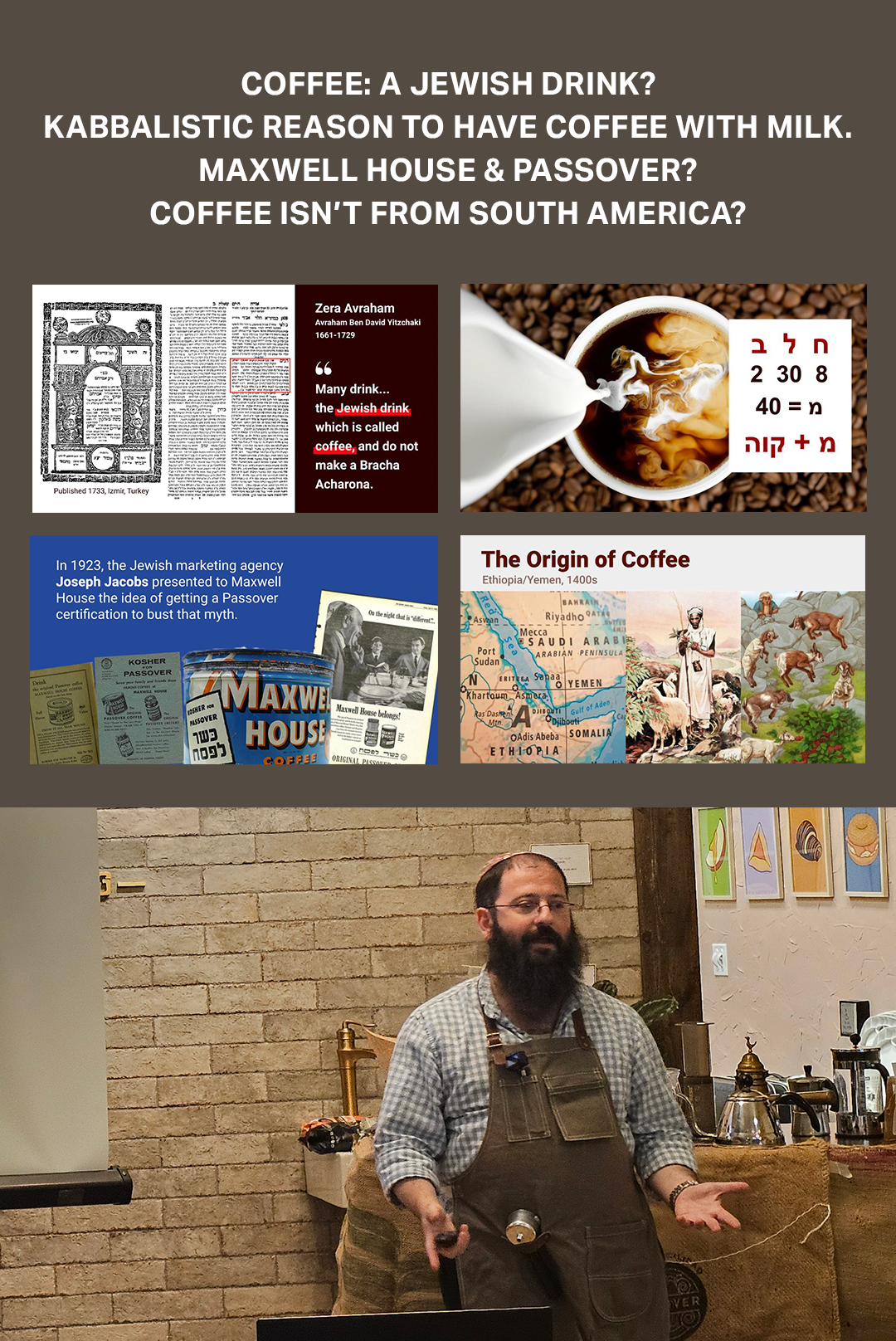 A collage of informational slides about coffee, including historical references to Jewish culture, kabbalistic meaning, and maps showing the coffee's origin. The Caffeinated Rabbi giving a presentation in a room with brick walls.