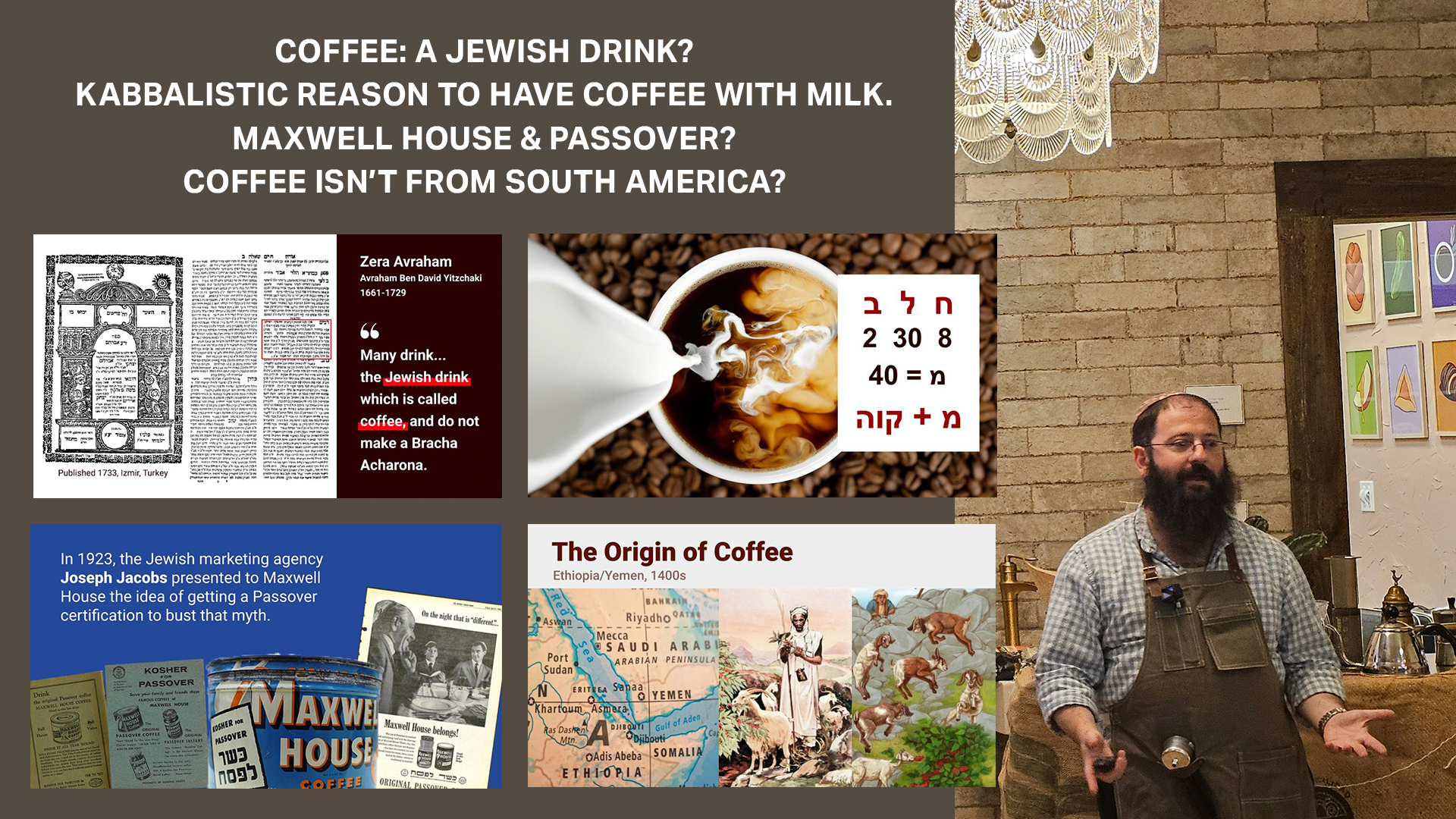 A collage of informational slides about coffee, including historical references to Jewish culture, kabbalistic meaning, and maps showing the coffee's origin. The Caffeinated Rabbi giving a presentation in a room with brick walls.