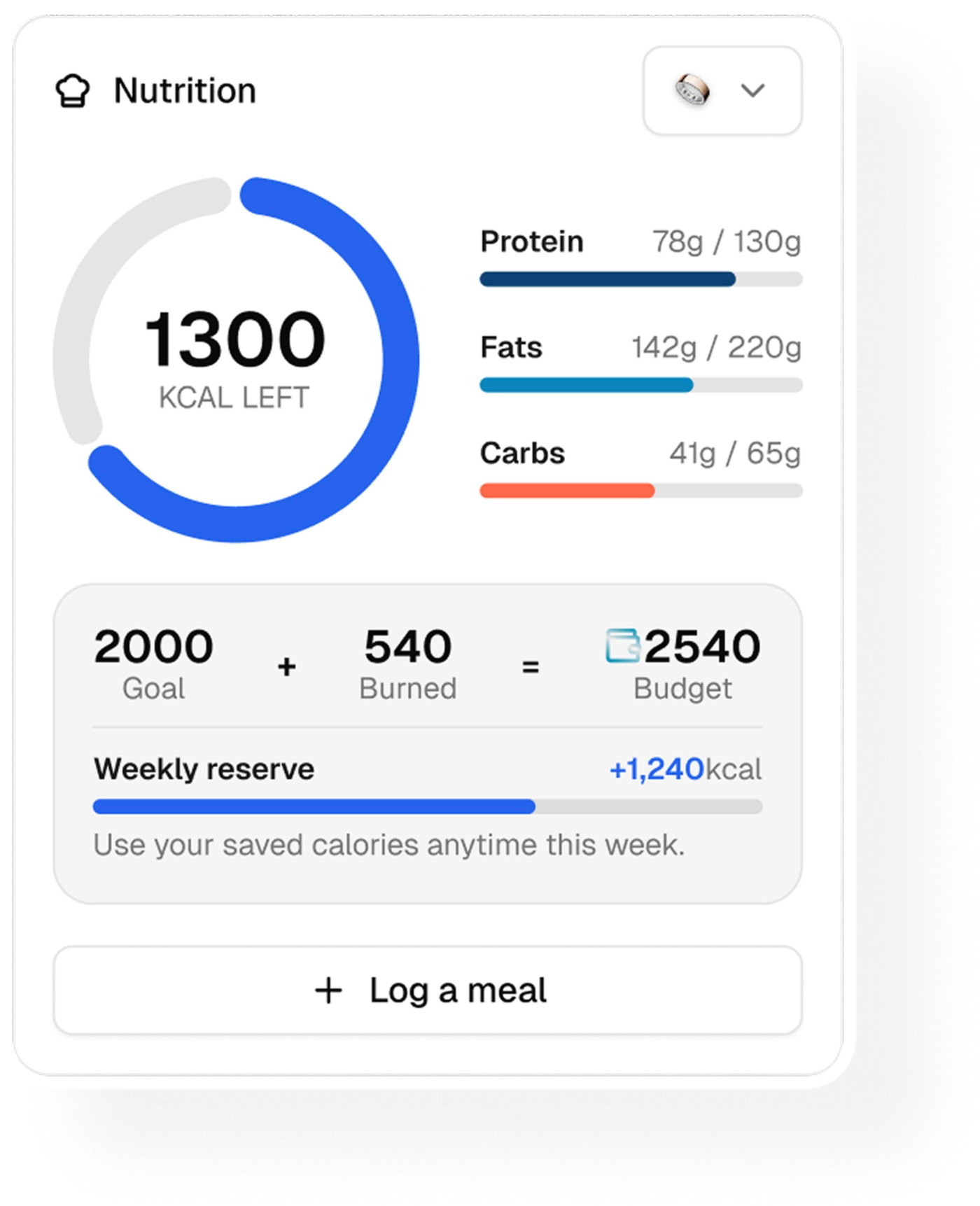 Nutrition screen showing calories left and protein, fat and carb targets