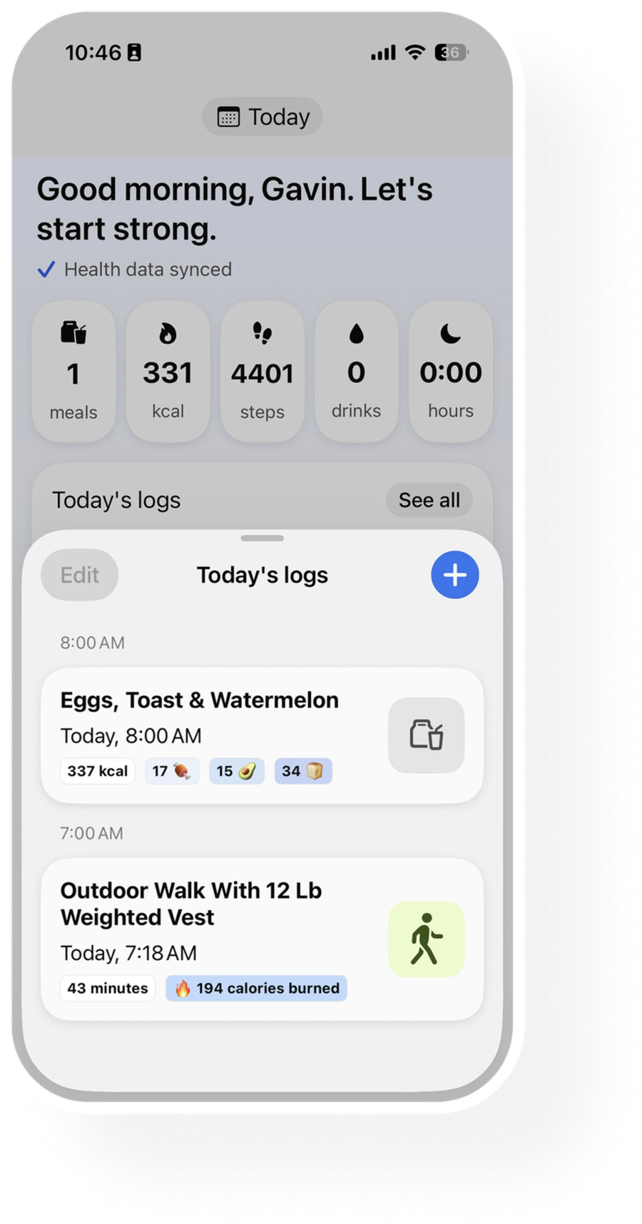 Longevita Insights app home screen with the day's meals, steps and activity log