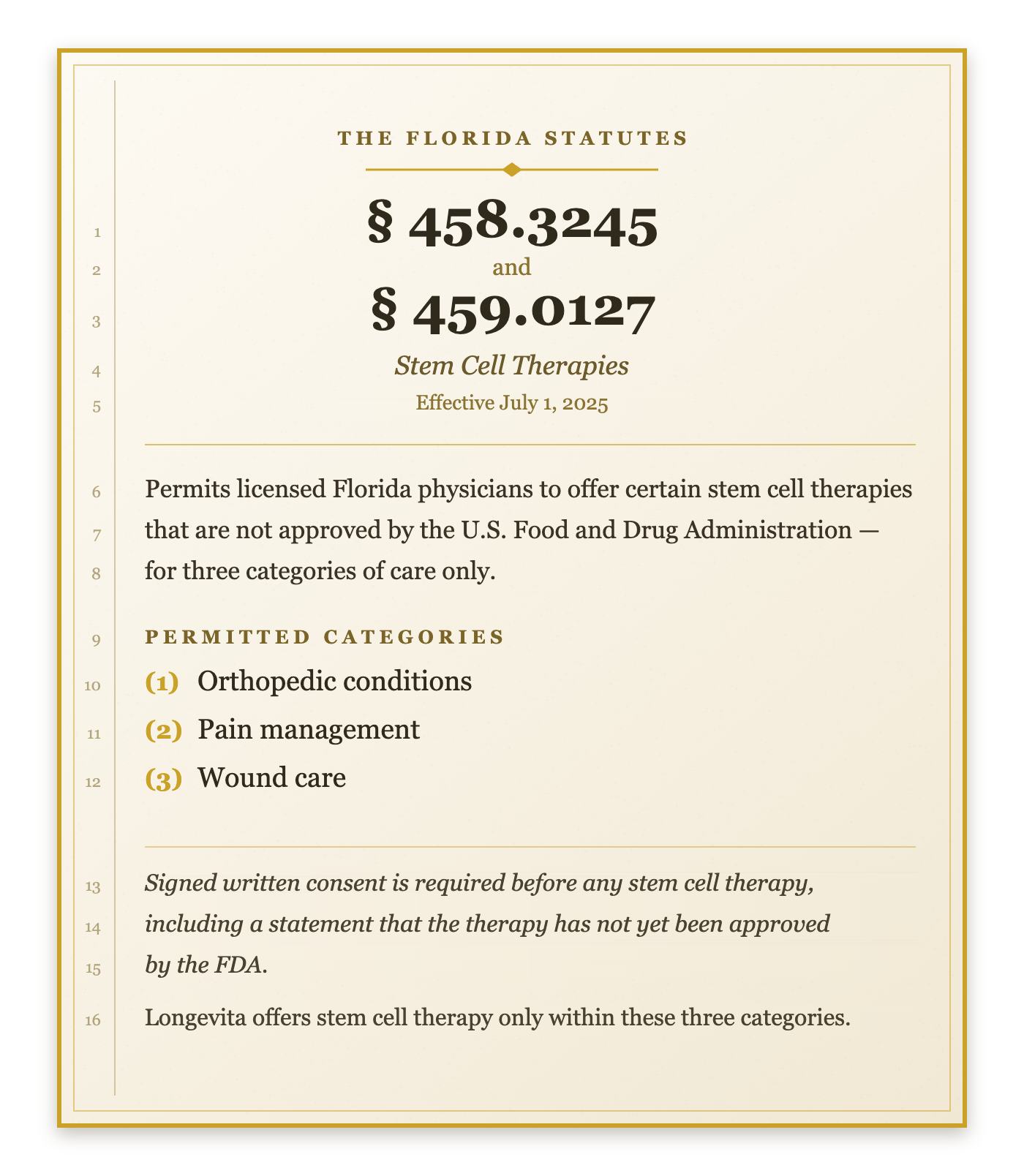 Summary card of Florida Statutes 458.3245 and 459.0127 on stem cell therapies