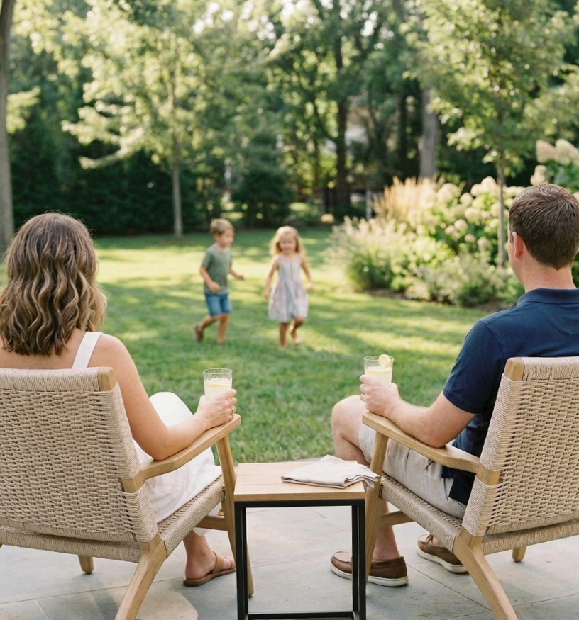 Family relaxing in a tick-free backyard on Long Island