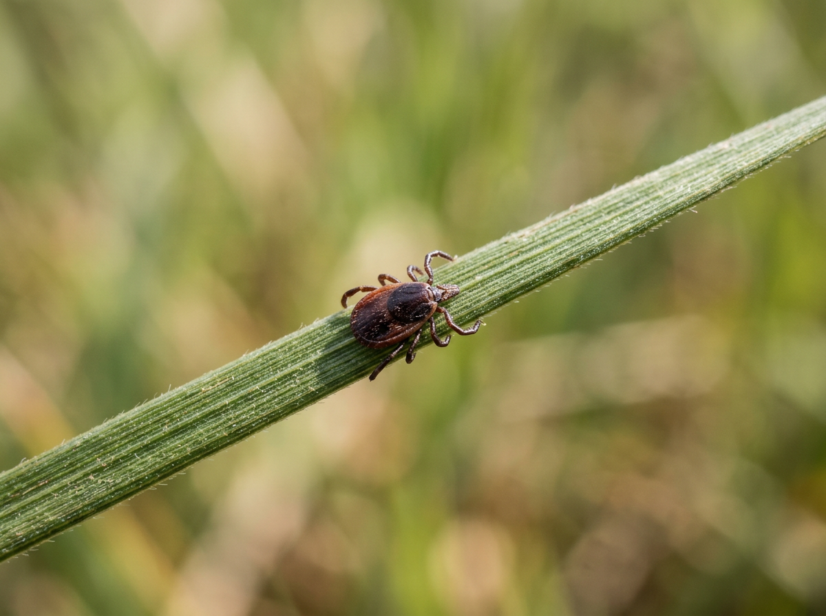 Deer tick on a blade of grass in a Long Island yard