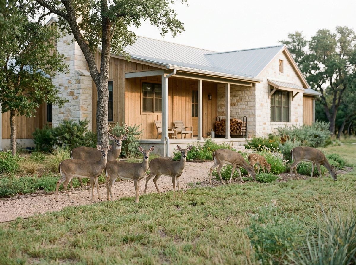 Herd of deer grazing in a residential front yard on Long Island
