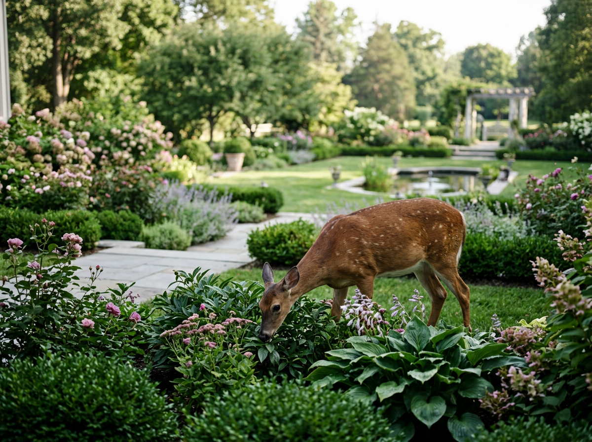 Deer feeding on landscaping plants in a residential garden