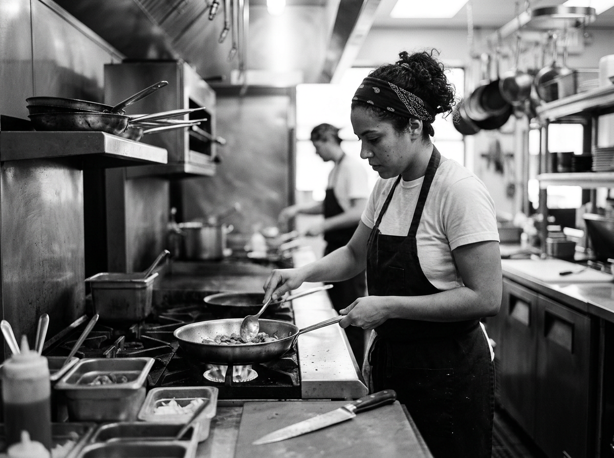 A woman cooks at a stove, stirring food in a frying pan, in a professional kitchen with various cookware and supplies around.
