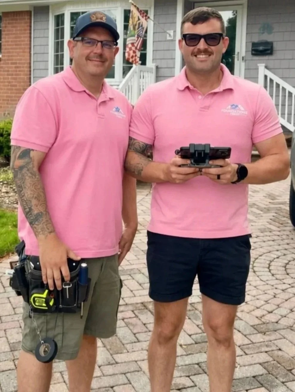 Two men standing outside in front of a house, both wearing pink polo shirts and sunglasses. One man has tattoos on his arm and is holding a walkie-talkie, while the other man is holding a drone.