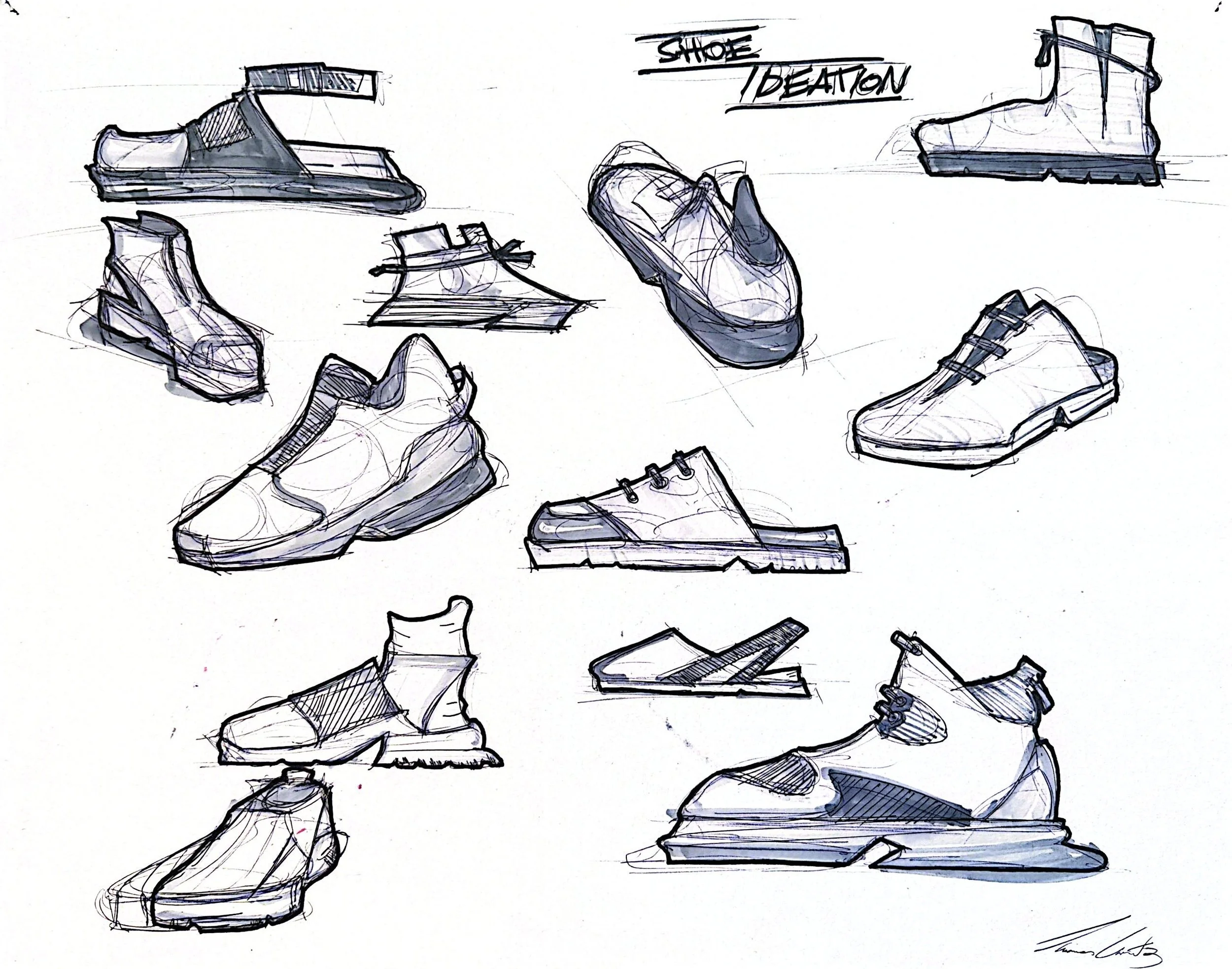 A collection of shoe sketches on paper, including athletic shoes, boots, and dress shoes, with annotations.