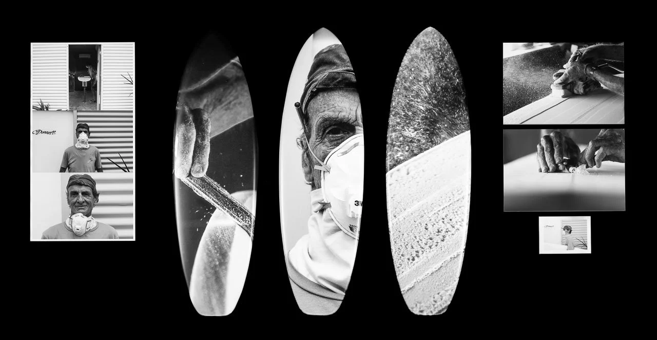 Collage of black and white photos showing construction and woodworking activities, including a man with a mask, a hand sawing wood, and workers shaping a surface.