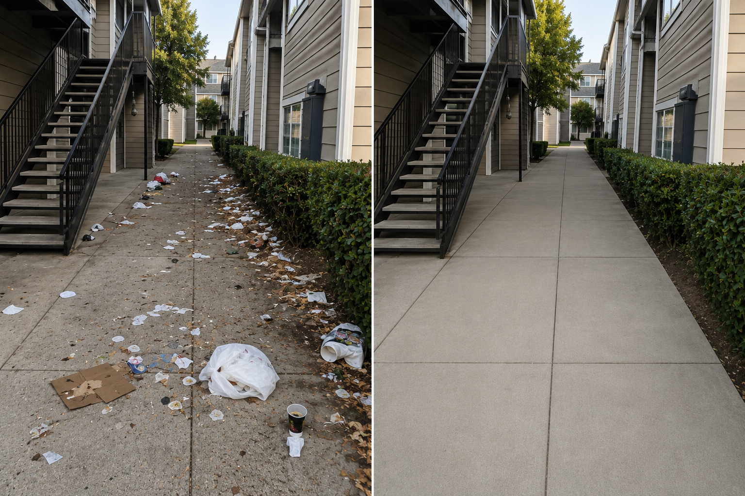 Side-by-side comparison of a walkway before and after cleaning. The left side shows a dirty pathway with litter, trash, and leaves, while the right side shows the same pathway cleaned and free of debris.