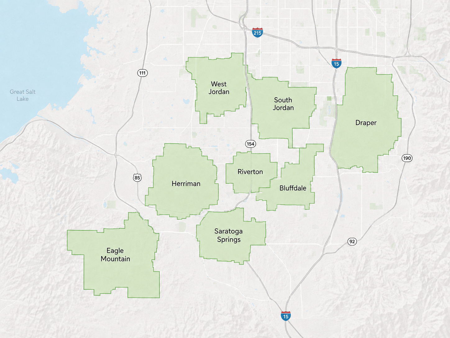Map showing the boundaries of various neighborhoods around Salt Lake City, Utah, including West Jordan, South Jordan, Draper, Herriman, Riverton, Bluffdale, Saratoga Springs, Eagle Mountain, and others, with major highways and Great Salt Lake visible in the background.