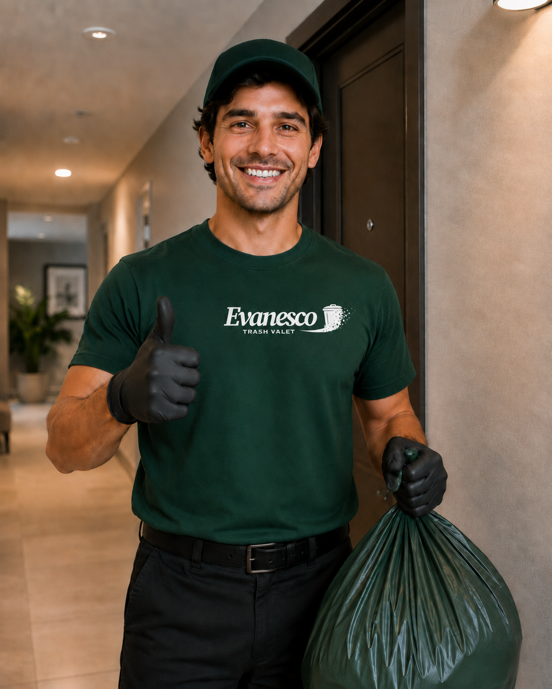 A smiling man in a green Evanesco Trash Valet t-shirt and cap, wearing black gloves, giving a thumbs up with one hand and holding a large trash bag with the other, standing indoors near an elevator