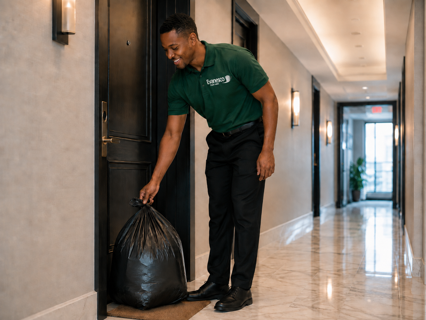 A trash valet attendant wearing a green uniform with the logo 'Evanesco' is removing trash outside of an apartment and keeping the common areas clean.