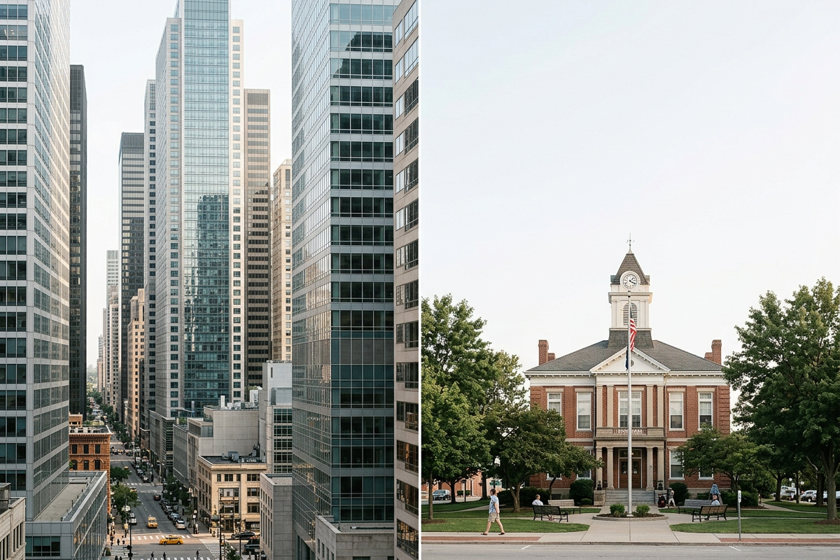 A split-screen image showing a modern cityscape with tall glass skyscrapers on the left and a historic brick town hall with a clock tower and American flags on the right