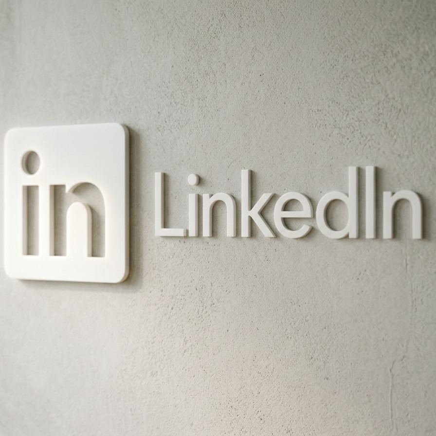 LinkedIn logo with a white 3D text spelling out 'LinkedIn' on a grey wall.