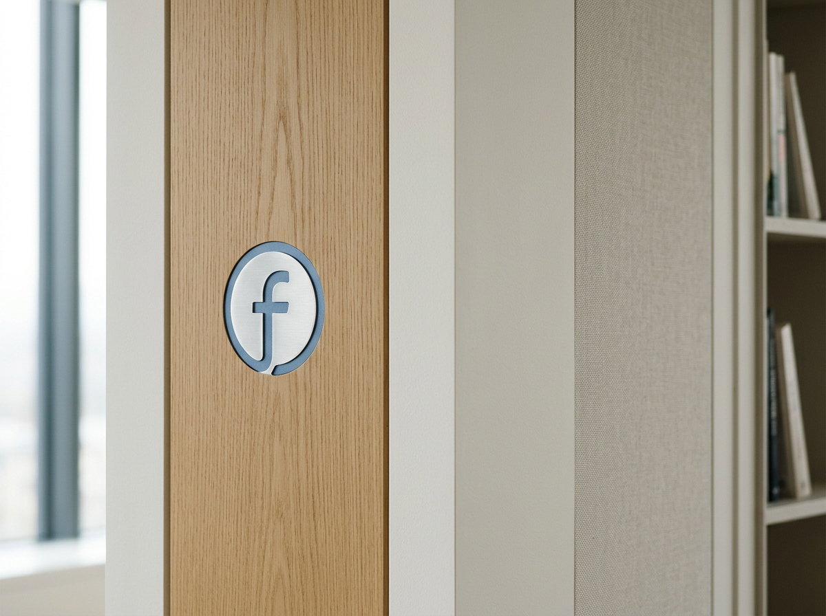 Close-up of a wooden wall with a Facebook logo sign, next to a bookshelf with books.