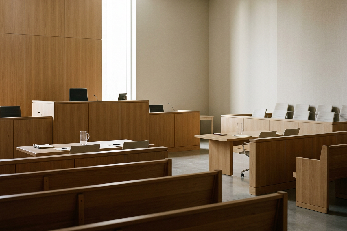 Empty courtroom with wooden benches, a judge's bench, a witness stand, and chairs, with papers and glass pitchers on the tables.