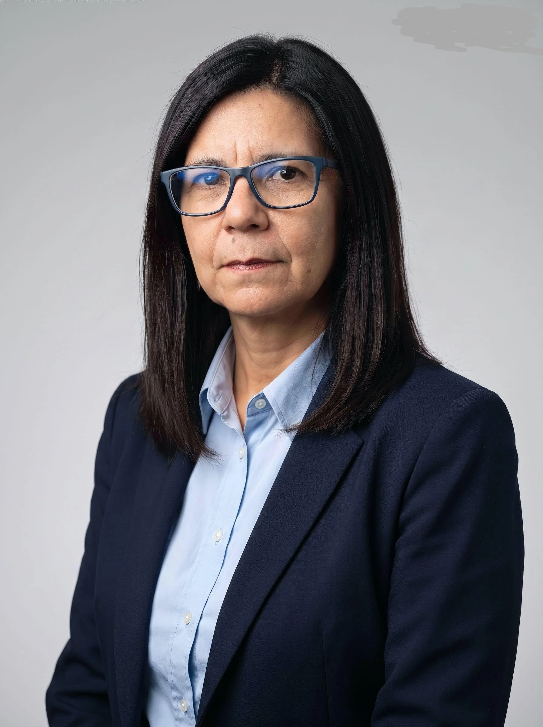 Mujer con cabello largo y oscuro, usando gafas azules, vestida con chaqueta formal y camisa azul, con expresión seria, en un fondo gris.