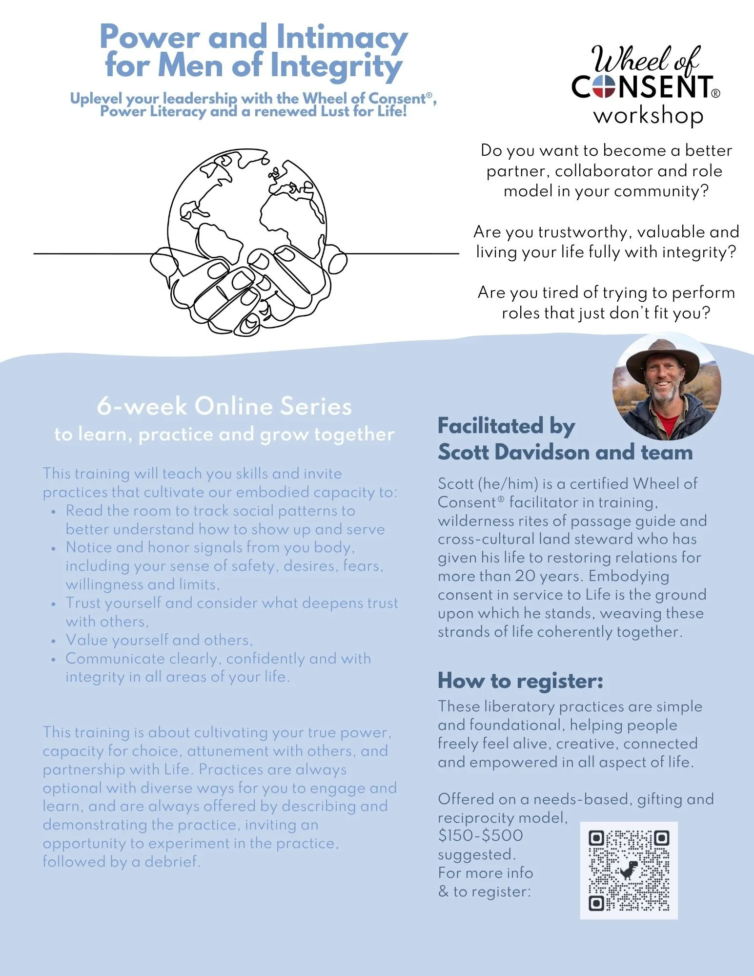 A promotional flyer for a 6-week online workshop titled 'Power and Intimacy for Men of Integrity,' facilitated by Scott Davidson and team. The flyer features a line drawing of two hands holding a globe and a photograph of Scott Davidson in a circular frame. The flyer invites men to become better partners, collaborators, and role models, emphasizing practicing skills to cultivate true power and partnership with Life, with details on registration costs and a QR code for more information.