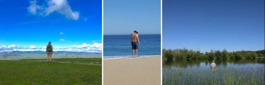 Three separate outdoor scenes: a person standing in a grassy field with mountains and clouds in the background, a person standing at the edge of the ocean on a sandy beach, and a person fishing in a pond surrounded by trees and greenery.