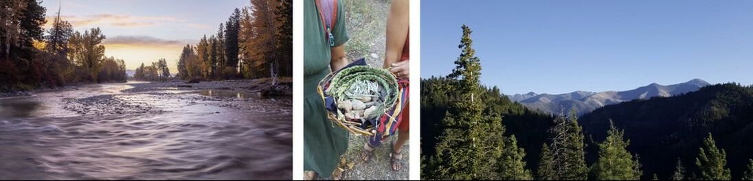 A collage of three images: a river flowing through a forest at sunset, a person holding a woven basket filled with rocks, and a scenic mountain landscape with evergreen trees.