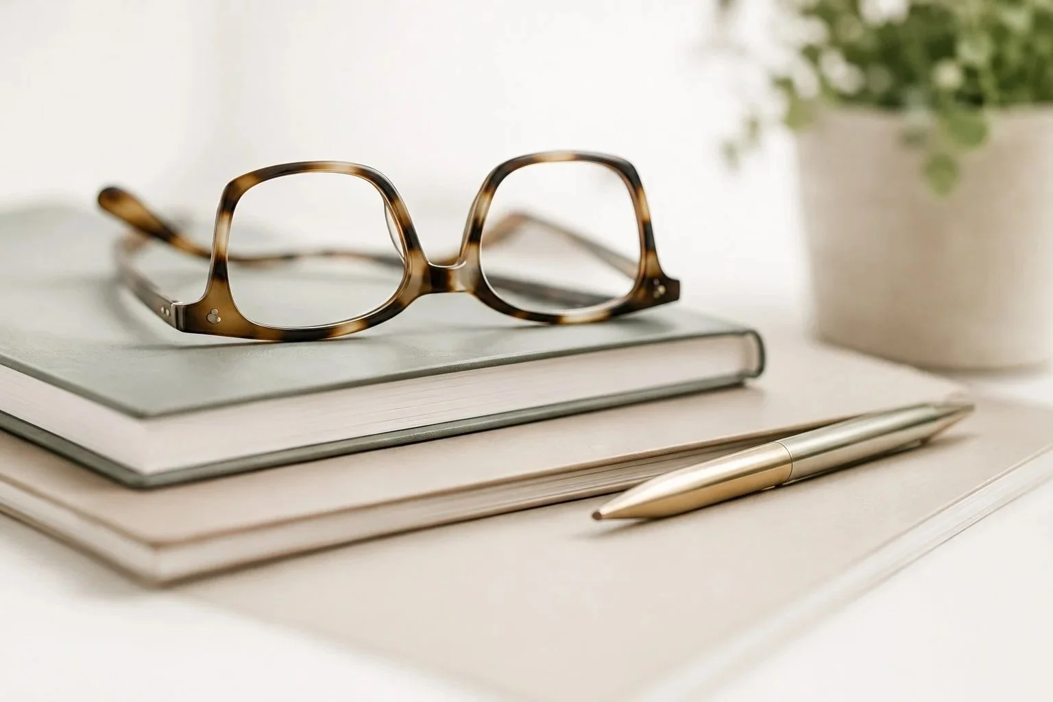 A pair of tortoiseshell eyeglasses resting on top of stacked notebooks with a silver pen beside them, and a potted plant in the background.