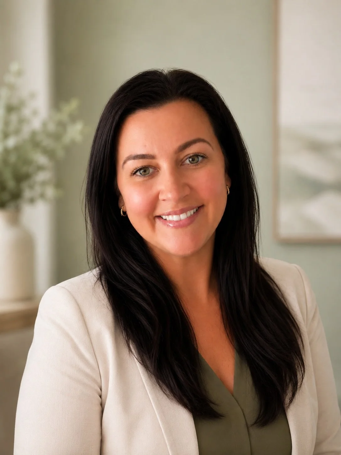 A woman with long dark hair, blue eyes, and a friendly smile, wearing a beige blazer over an olive green top, standing indoors with a blurred background of a vase with white flowers and part of a painting.