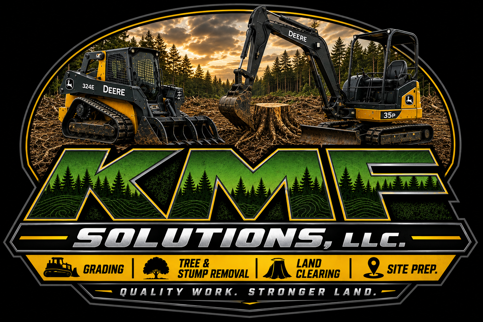 KMF Solutions LLC logo featuring a John Deere skid steer and excavator for grading, tree and stump removal, land clearing, and site preparation.