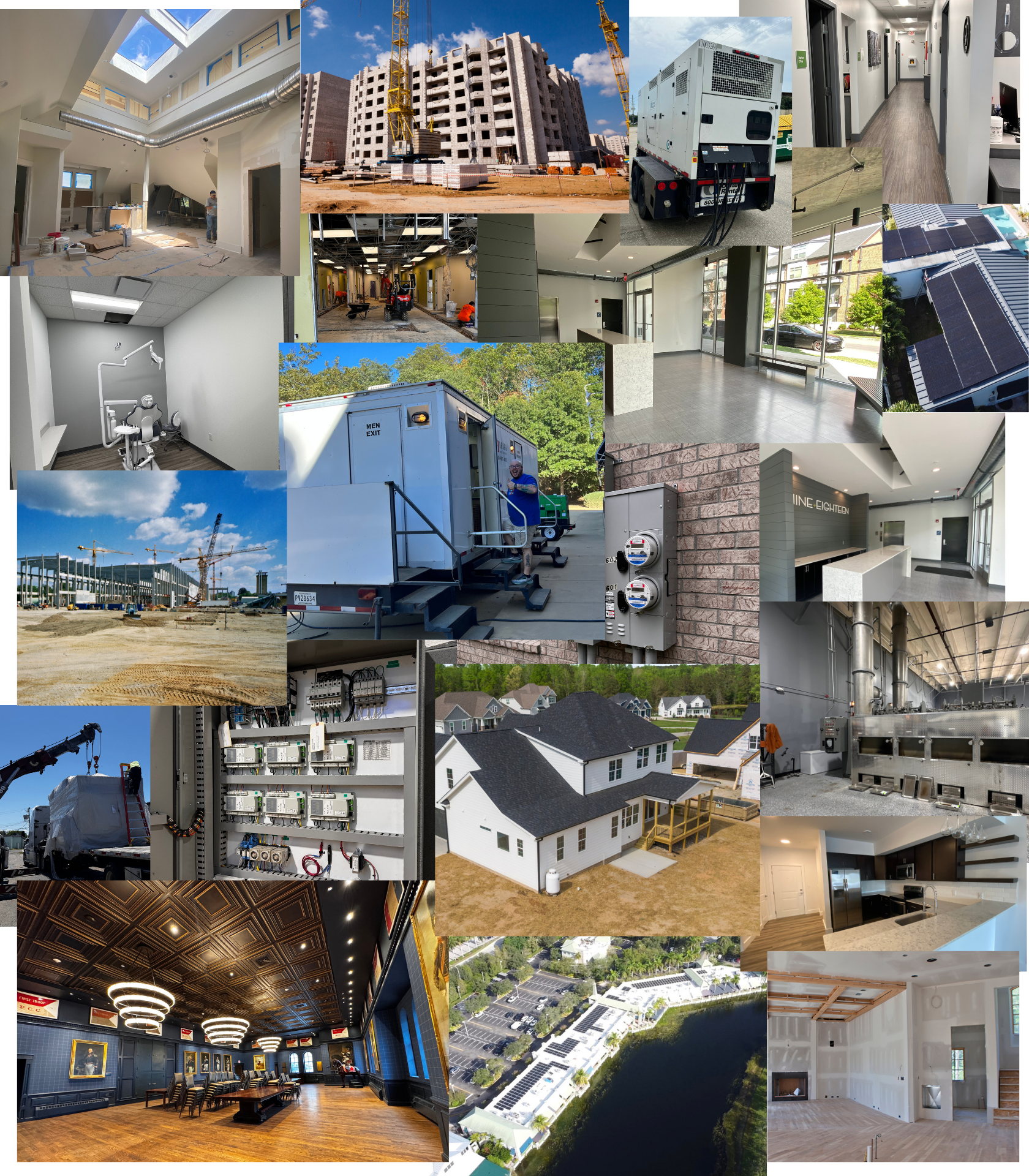 A collage of various construction, interior, and exterior scenes including building sites, interior rooms, office spaces, residential houses, and architectural elements.