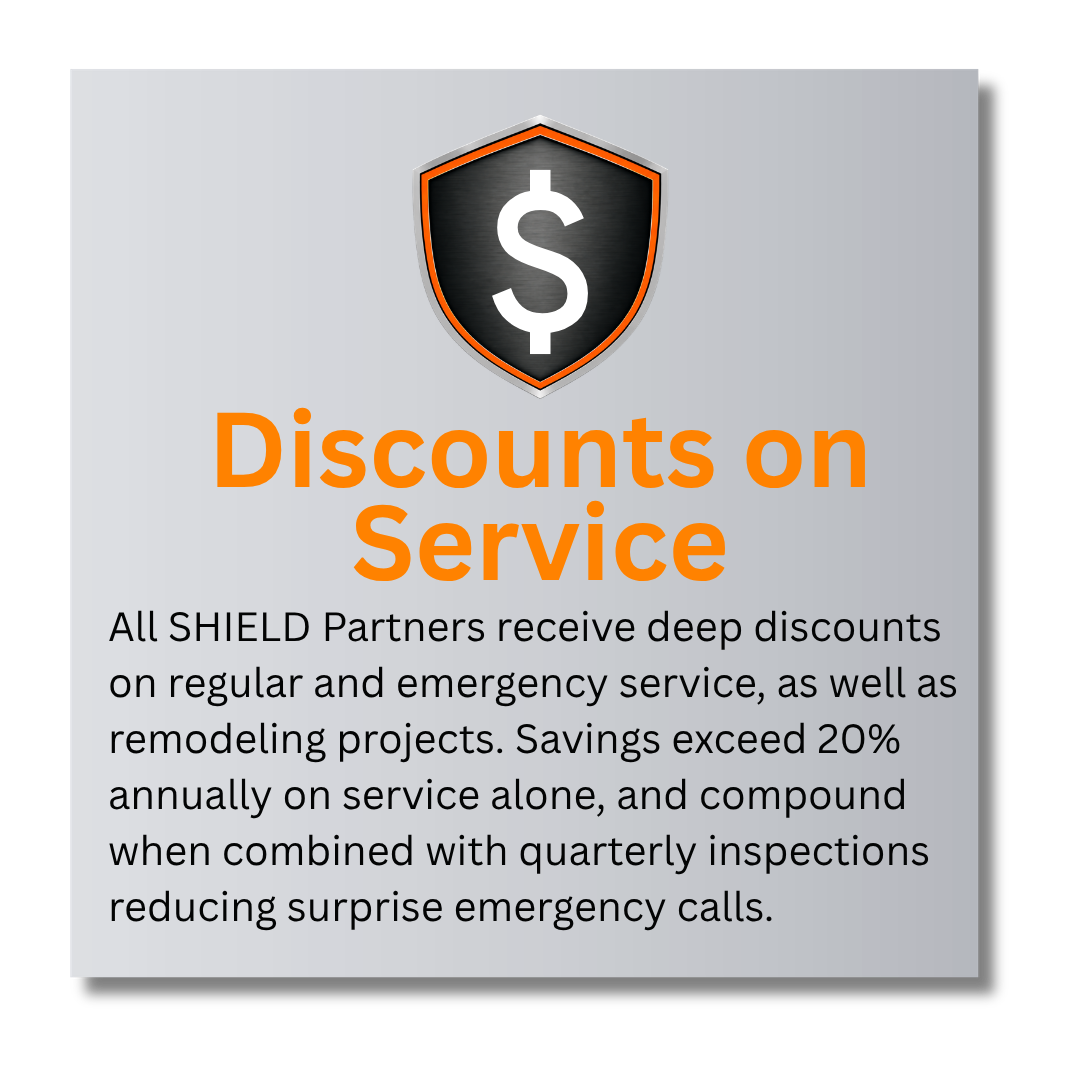 A promotional graphic offering discounts on services for Shield partners, featuring a shield icon with a dollar sign and text about savings on service, emergency, and remodeling projects.